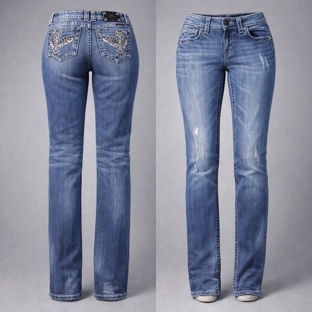 Miss Me SKINNY Jean Blue Embroidered Rhinestone CROSS TRIBAL WHISKERING